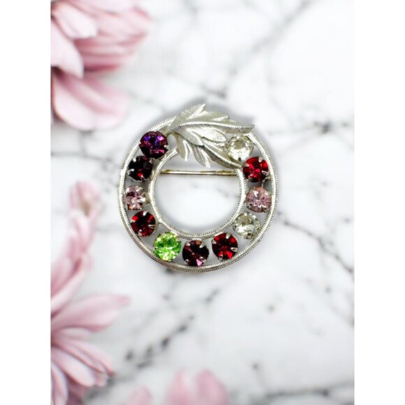 Curtis Designs Jewelry - Vintage Curtis Designs Rhinestone Circle Brooch Multicolor Stones Silver-Tone